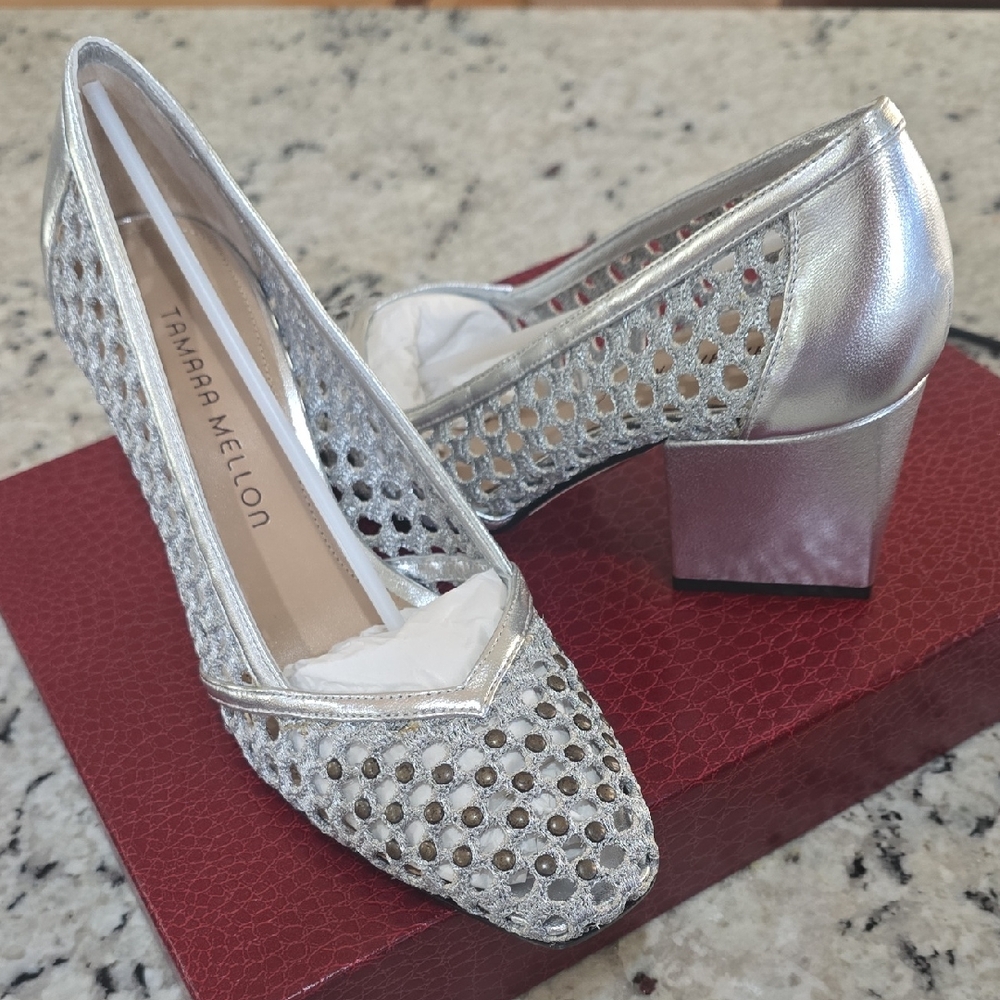 Tamara Mellon Metallic Silver Perforated Block Heel Pumps 36.5